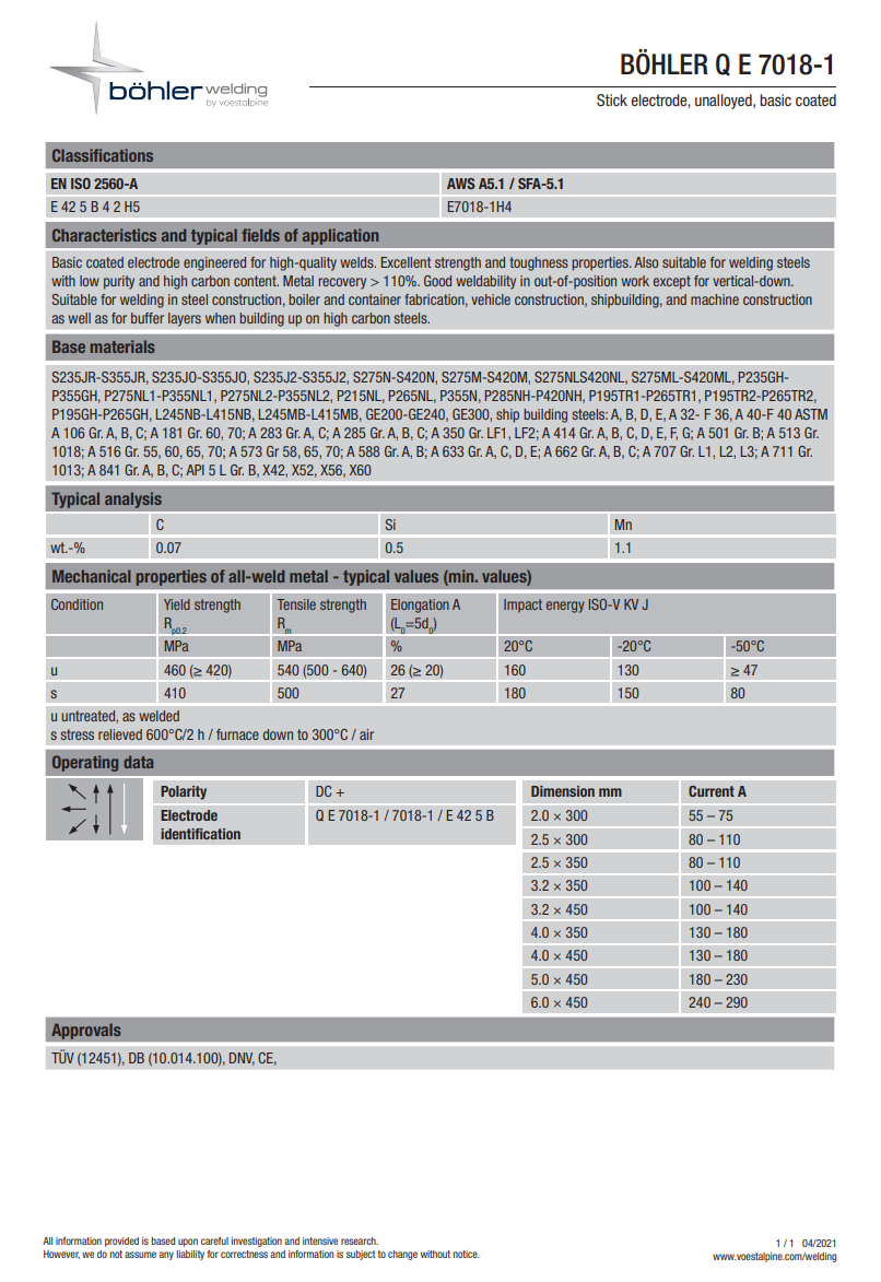Böhler AWS E7018-1 Düşük Hidrojen Elektrotu