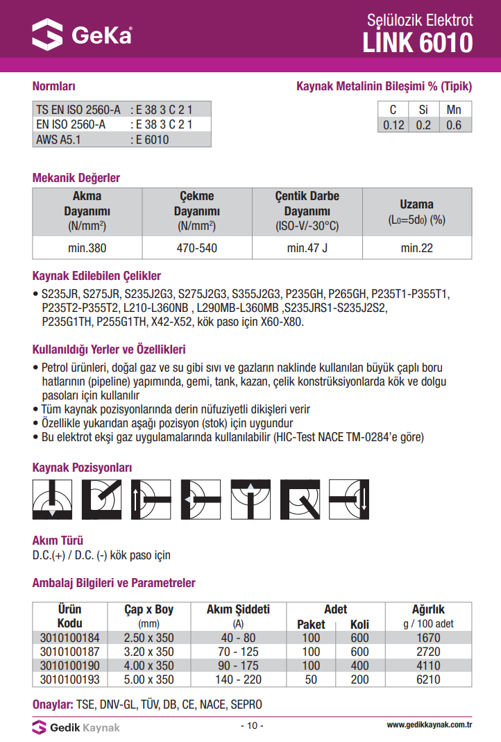 GeKa LİNK 6010 Selülozik Elektrot