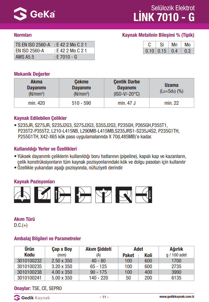 GeKa LİNK 7010 G Selülozik Elektrot
