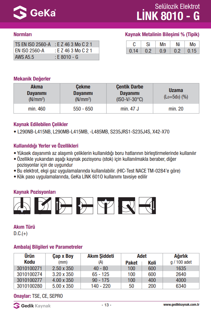 GeKa LİNK 8010 G Selülozik Elektrot