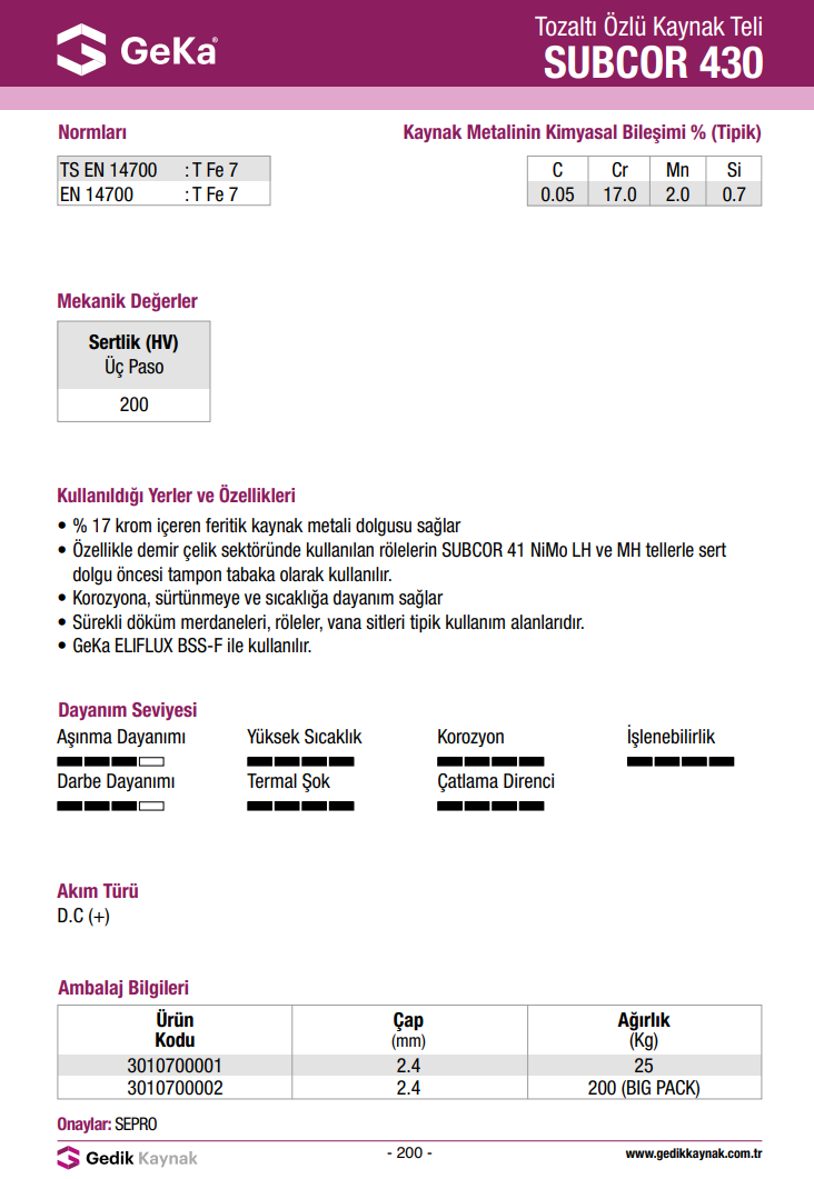 GeKa SUBCOR 430 Tozaltı Özlü Kaynak Teli