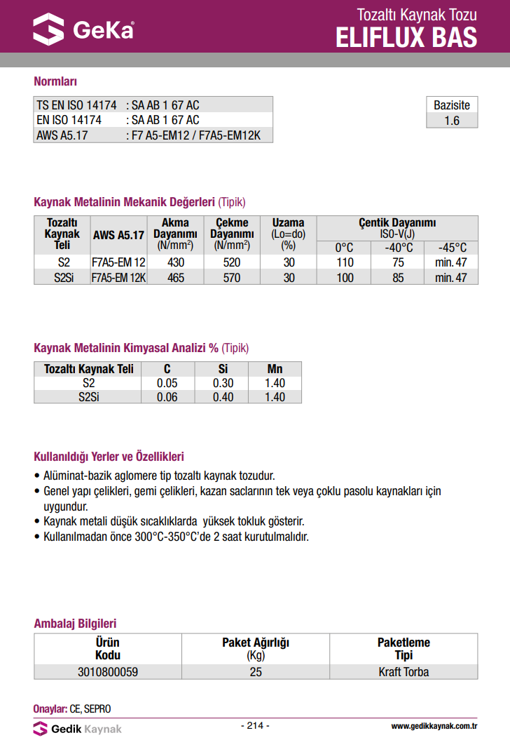 GeKa ELIFLUX BAS Tozaltı Kaynak Tozu